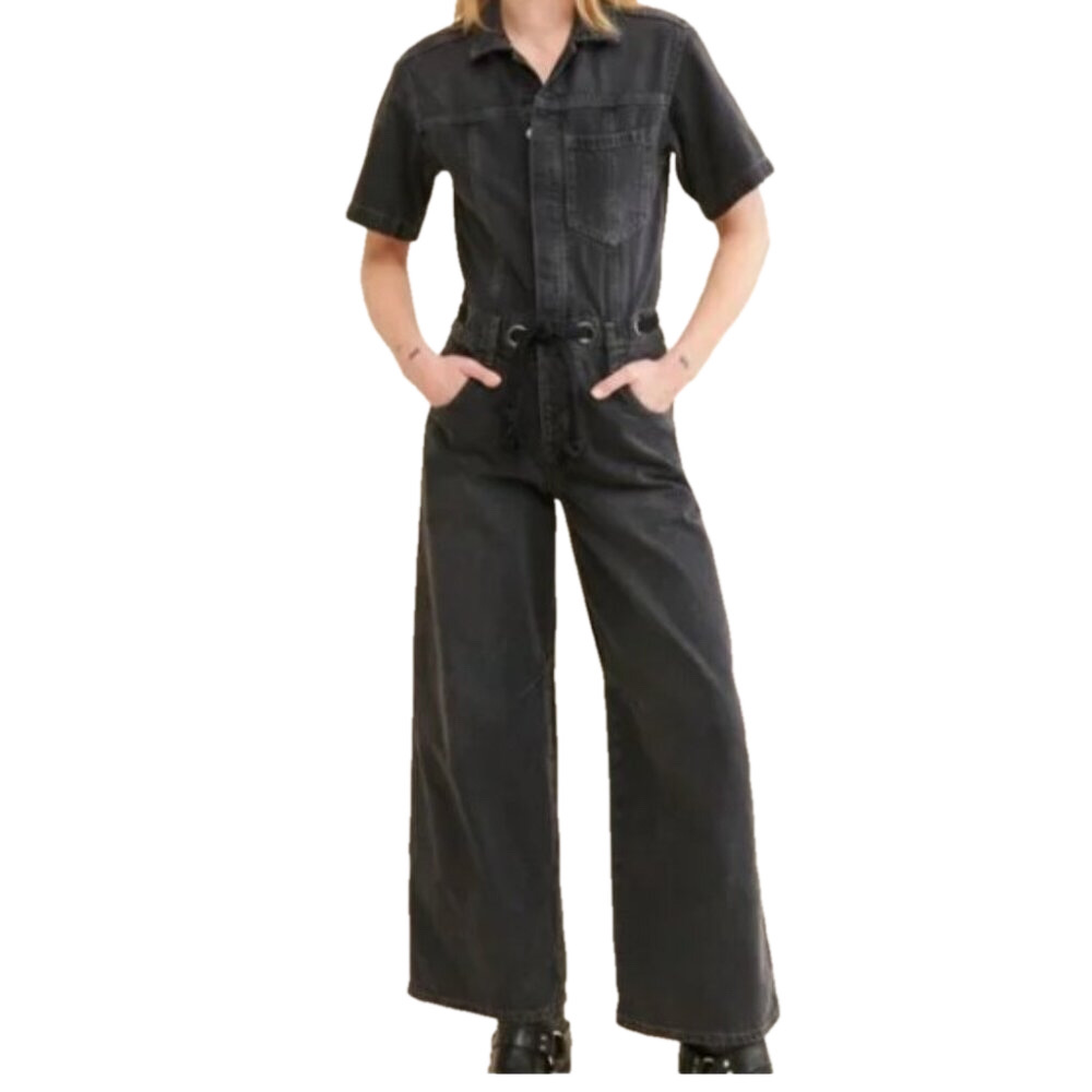 New FREE PEOPLE Women's XS Black Edison Denim Nitelite Coverall Jumpsuit Grunge